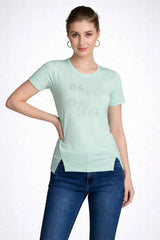 Astron – Half Sleeves Cotton Pista Green Color T-Shirt For Women
