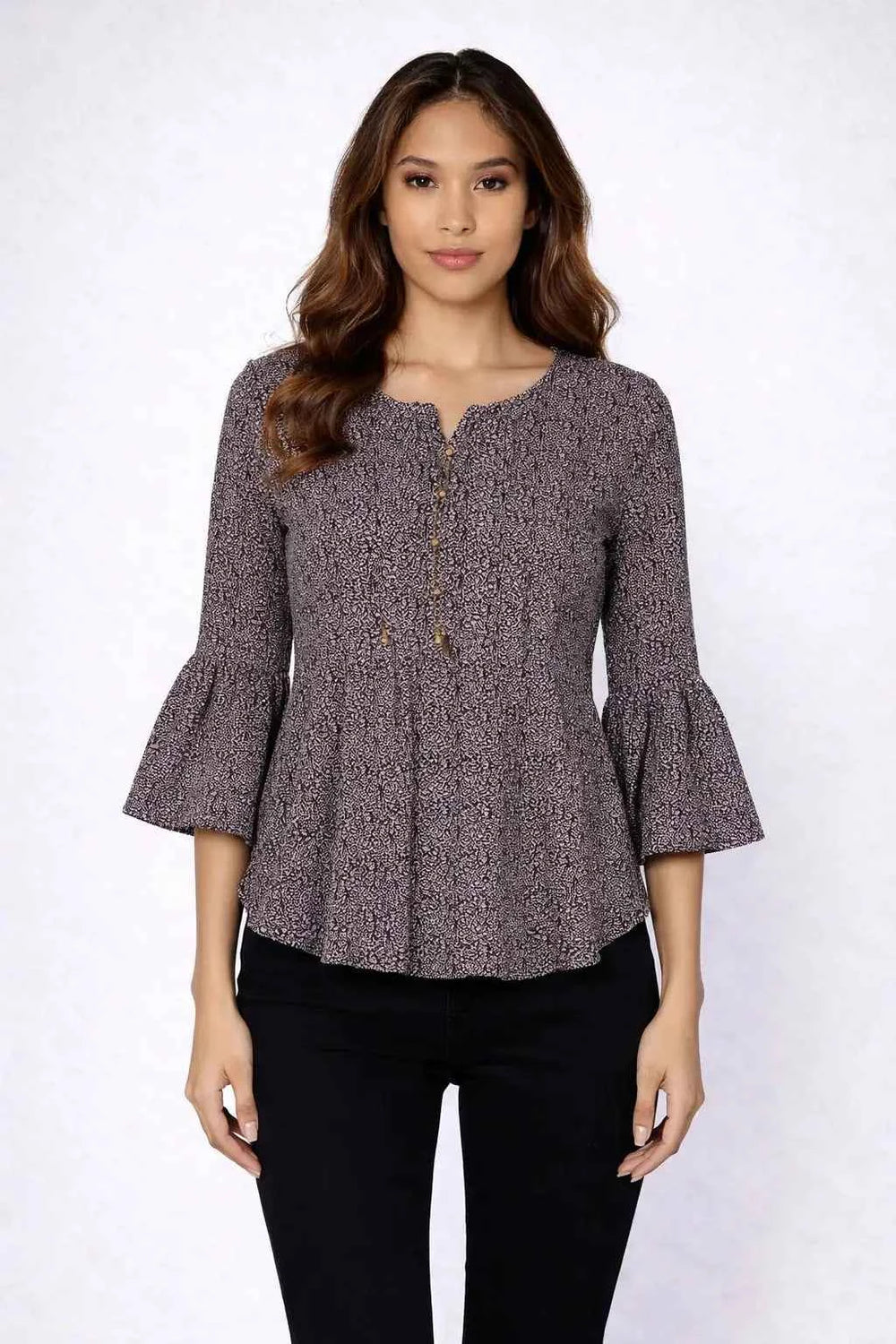 Astron – Black Textured Top with Bell Sleeves