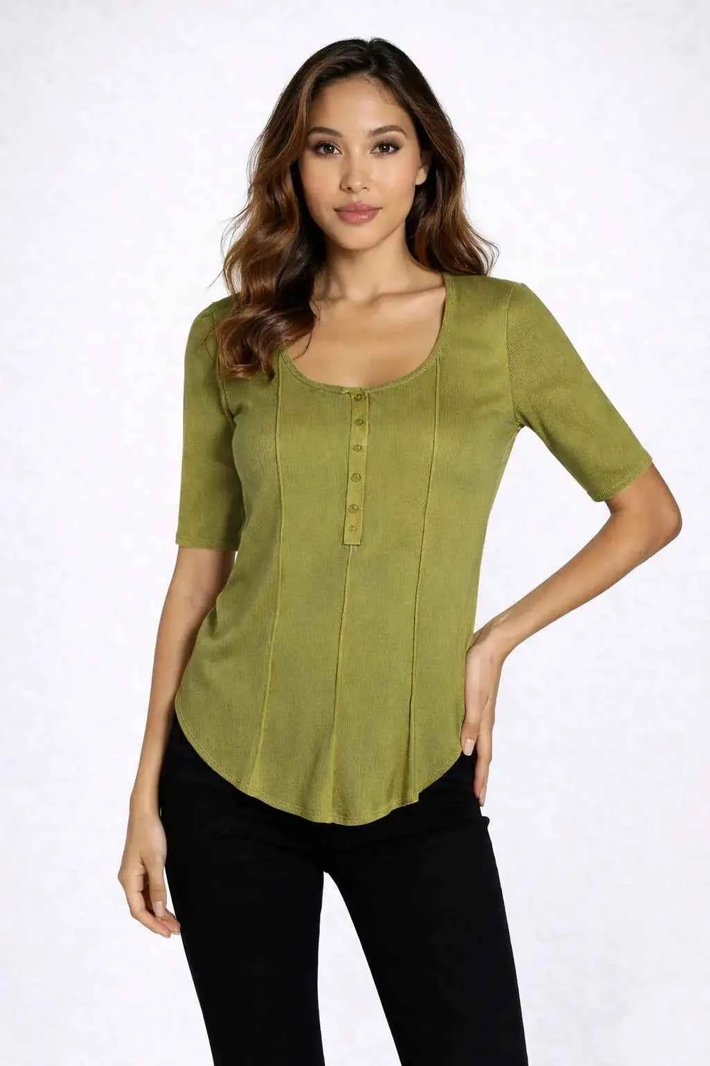 Astron – Olive Green Ribbed Knit Henley Top