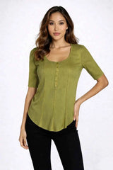 Astron – Olive Green Ribbed Knit Henley Top