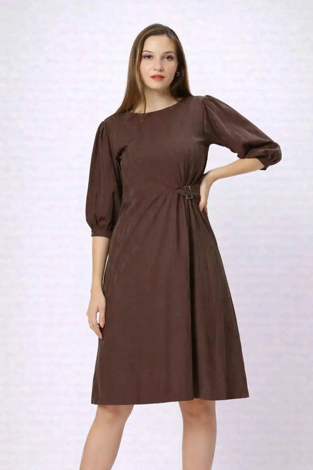 Round Neck Aline Knee Length Dress With Belt