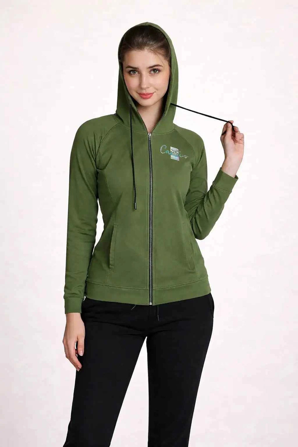 Green Long Sleeve Zip-through Hoodie For Women