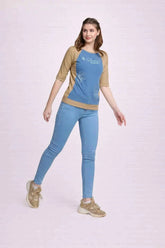 Astron – Beige & Denim Boat Neck Elbow Sleeves T-Shirt for Women