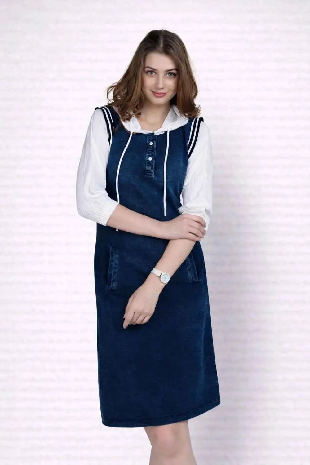 Astron – White Hoodie Denim Midi Dress for Women