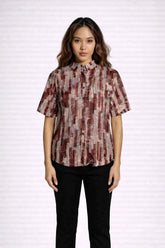 Astron – Burgundy & Taupe Geometric Print Shirt with Embroidery
