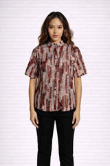 Astron – Burgundy & Taupe Geometric Print Shirt with Embroidery