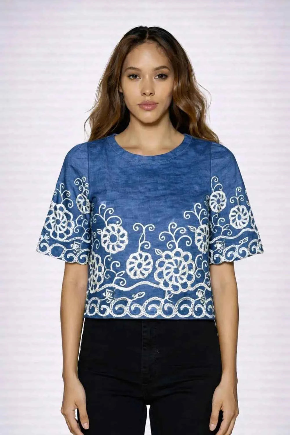 Astron – Denim Cropped Top with Floral Lace Embroidery