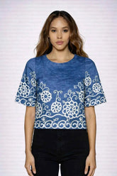 Astron – Denim Cropped Top with Floral Lace Embroidery