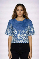 Astron – Denim Cropped Top with Floral Lace Embroidery