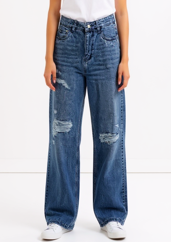 Astron – Medium Wash Wide-Leg Distressed Denim Jeans for Women