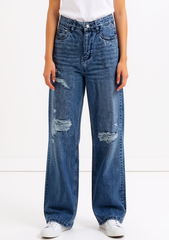 Astron – Medium Wash Wide-Leg Distressed Denim Jeans for Women