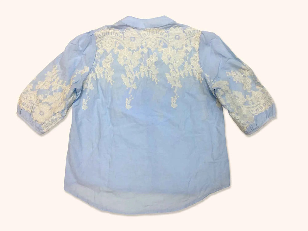 Astron Light Blue Cotton Shirt with Intricate White Floral Embroidery