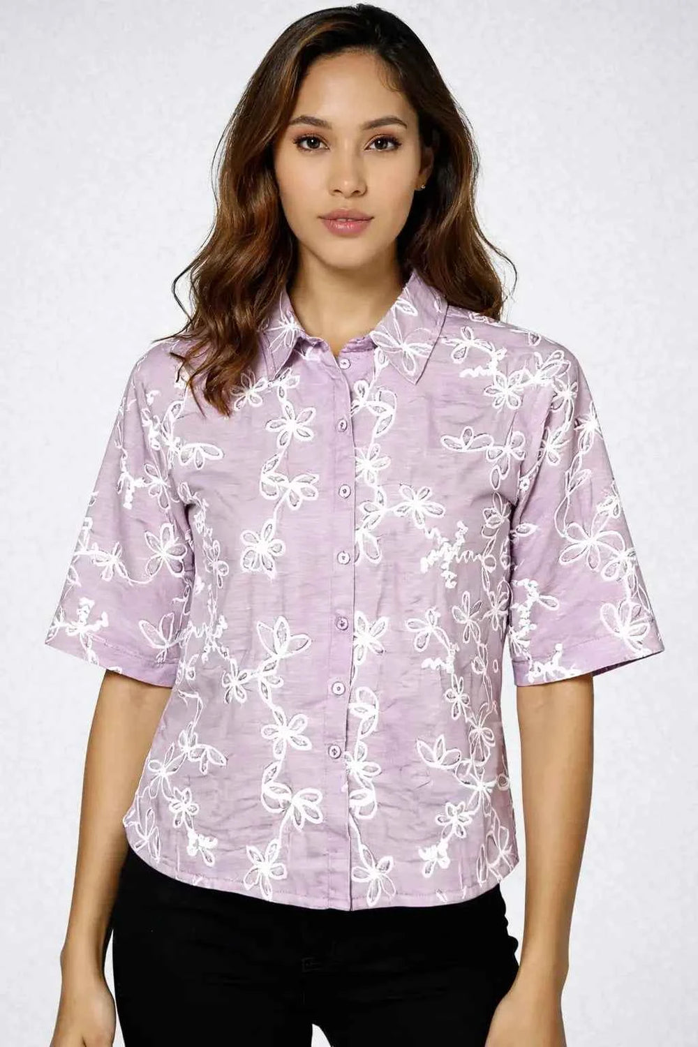 Astron - Lavender Floral Embroidered Button-Down Shirt