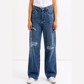 Astron Women’s Streetwear Medium Wash High-Rise Distressed Jeans – Relaxed & Wide-Leg