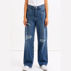 Astron Women’s Streetwear Medium Wash High-Rise Distressed Jeans – Relaxed & Wide-Leg