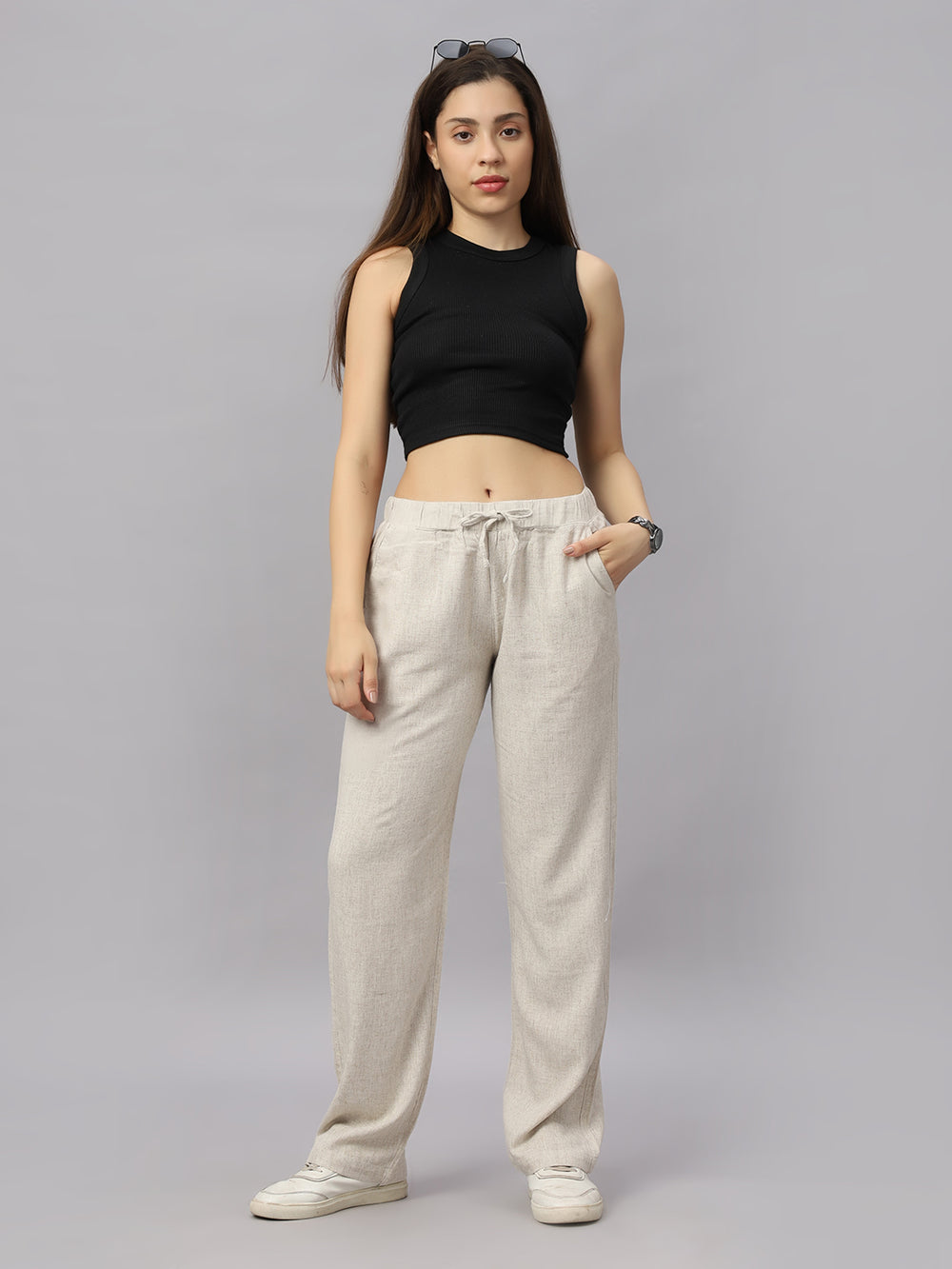 Women's Straight Fit Natural Colour Viscose Linen Pant.