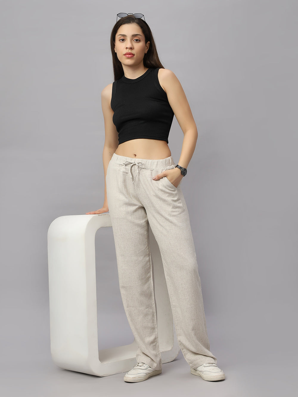 Women's Straight Fit Natural Colour Viscose Linen Pant.