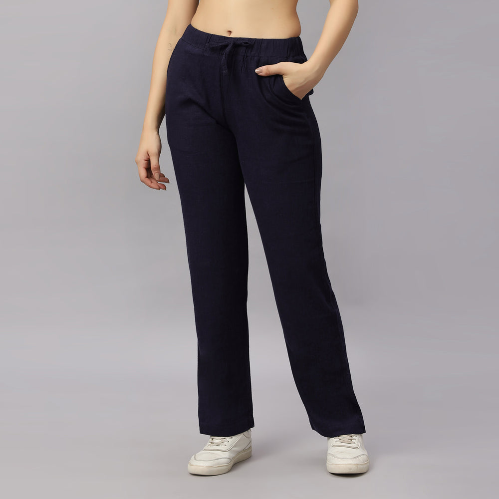 Women's Straight Fit Navy Blue Colour Viscose Linen Pant.
