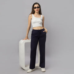 Women's Straight Fit Navy Blue Colour Viscose Linen Pant.