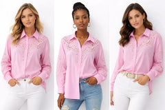 Women’s Pink Embroidered Lace Detail Shirt - ASTRON
