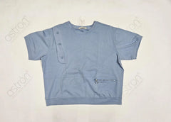 Astron Women's Sky Blue Asymmetrical Zip Detail Top with Decorative Buttons Flat Lay