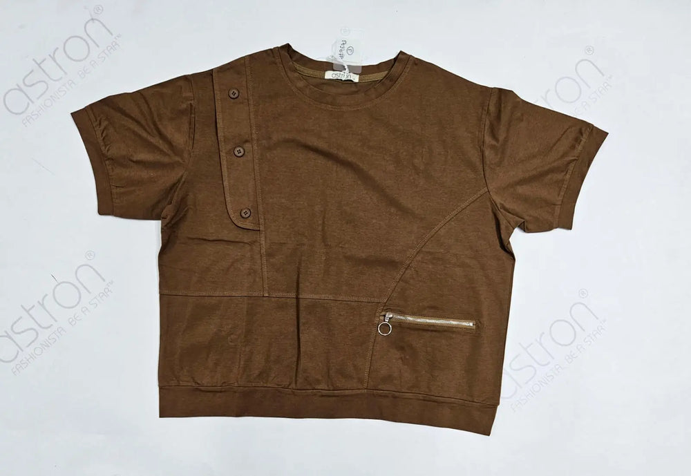 Astron Women's Brown Asymmetrical Zip Detail Top with Decorative Buttons Flat Lay