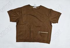Astron Women's Brown Asymmetrical Zip Detail Top with Decorative Buttons Flat Lay