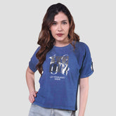 Magyar Sleeves Denim Knitted Printed Short Top.