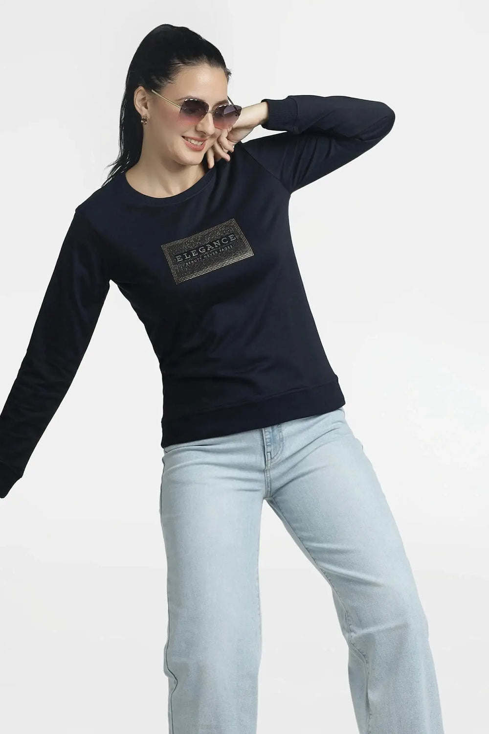 Women's Embellished Navy Blue Sweatshirt - Stylish Comfort for Every Occasion - ASTRON