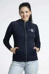 Women's Navy Blue Zip-Up Hoodie with Embellishments for Stylish Comfort - ASTRON
