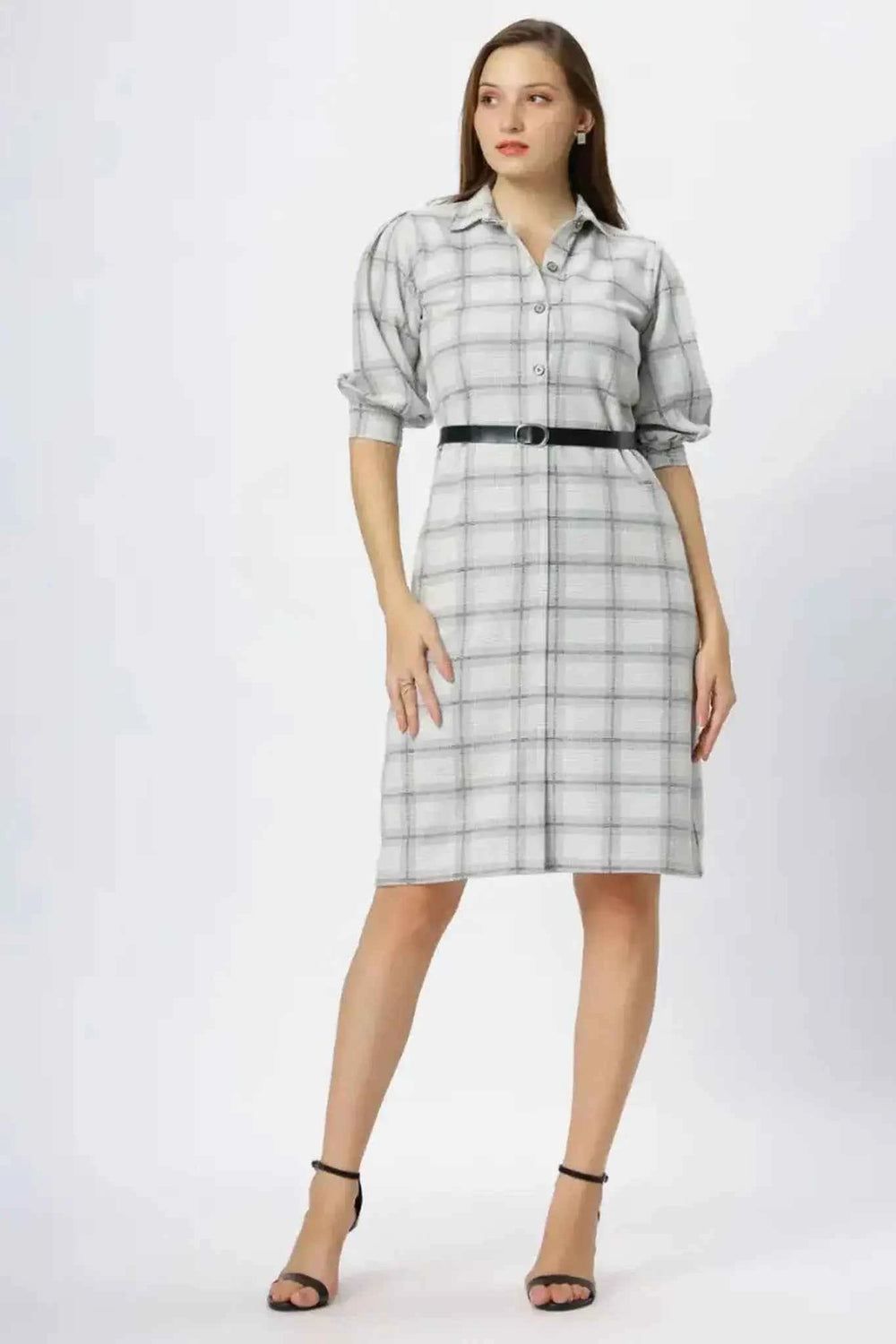 Astron - Button Front Collar Shirt Dress