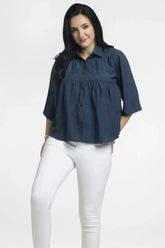 Women’s Solid Navy Button-Down Flared Top