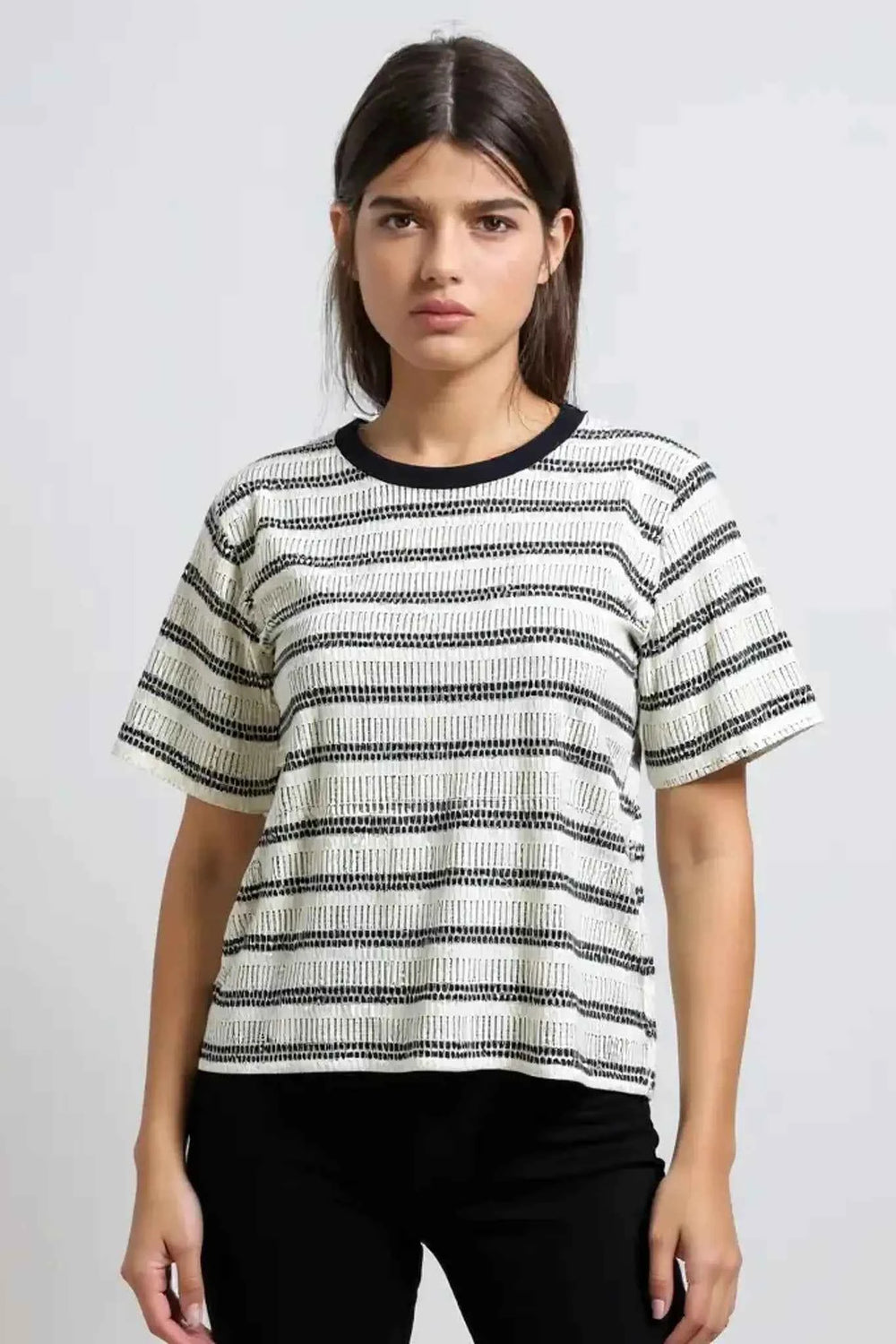 Astron - Striped Knit T-Shirt With Ribbed Crew Neckline