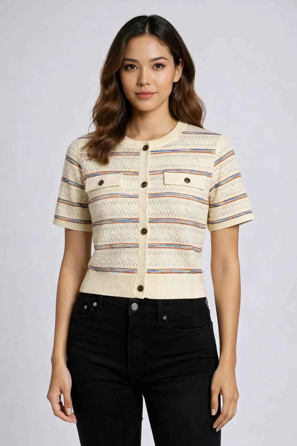 Astron - Cream Knit Top With Multicolored Stripes