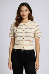Astron - Cream Knit Top With Multicolored Stripes