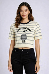 Astron - Cream Ribbed Knit T-Shirt For Women