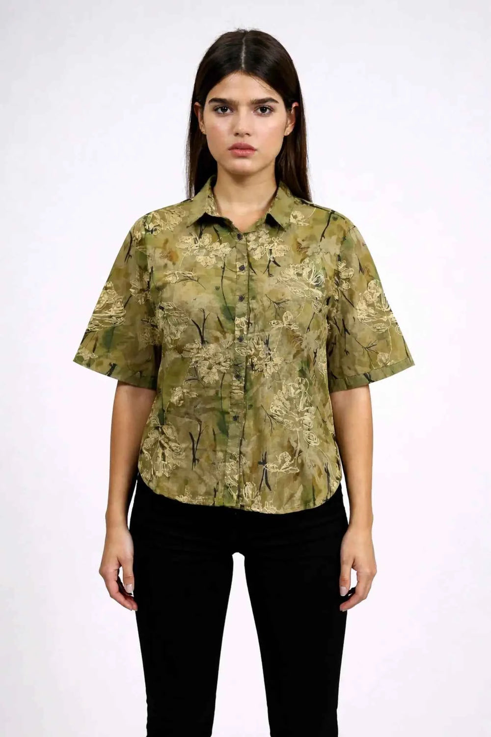 Astron - Olive Green Printed Viscose Shirt For Women