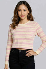 Astron - Cropped Knit Top with Horizontal Pink and Cream Stripes