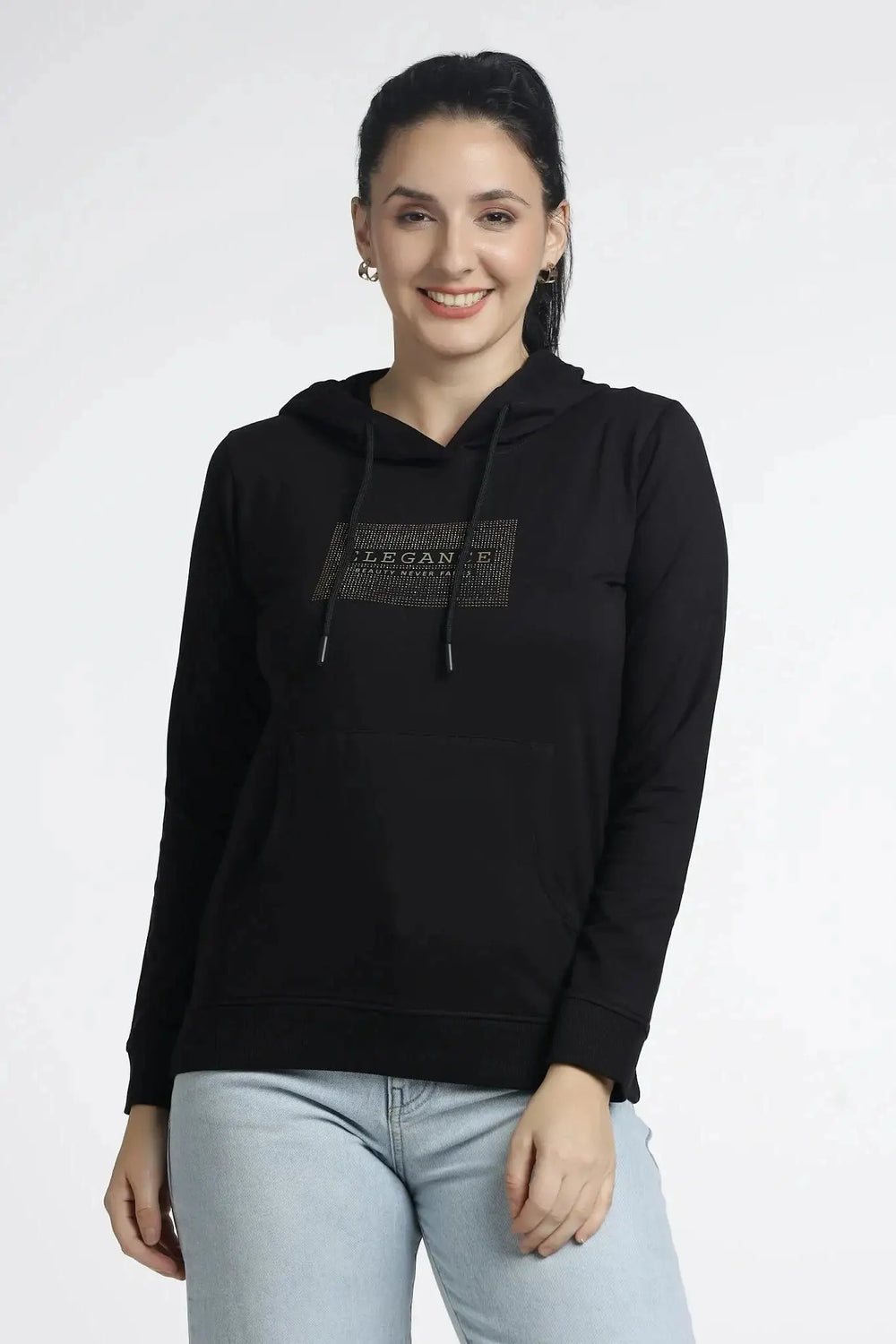 Women’s Black Hoodie with Trendy Print Design for Stylish Comfort - ASTRON