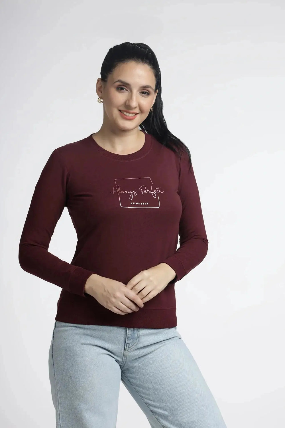 Women’s Maroon Printed Top - Stylish Full Sleeve Apparel for Trendy Looks - ASTRON