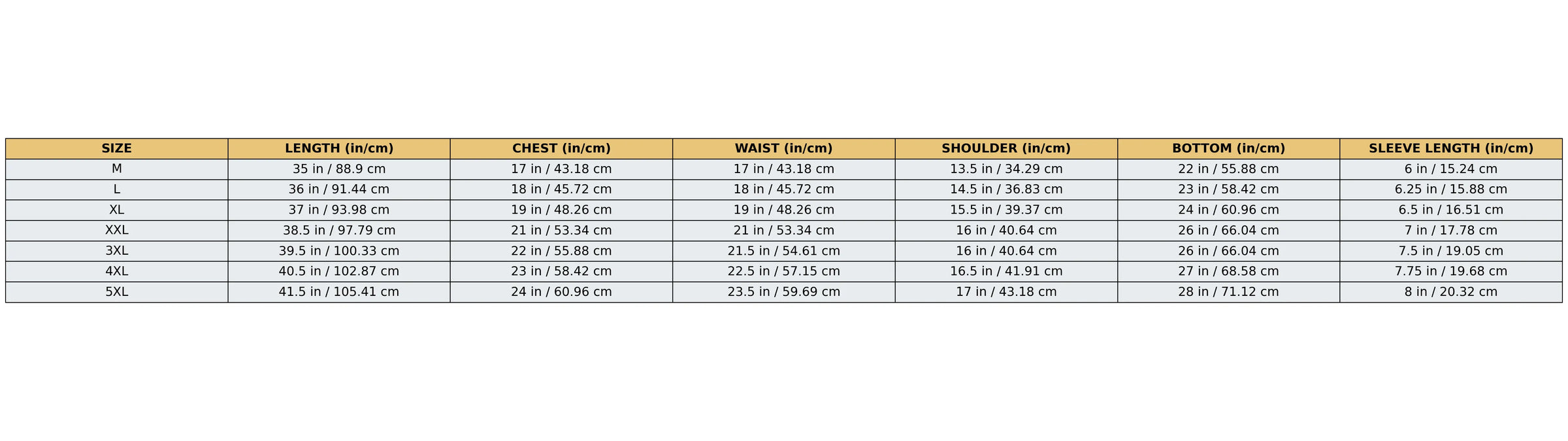 Table with size chart for clothing measurements on a white background