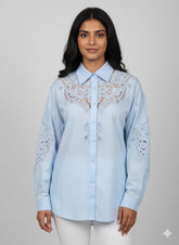 Women’s Sky Blue Embroidered Lace Detail Shirt