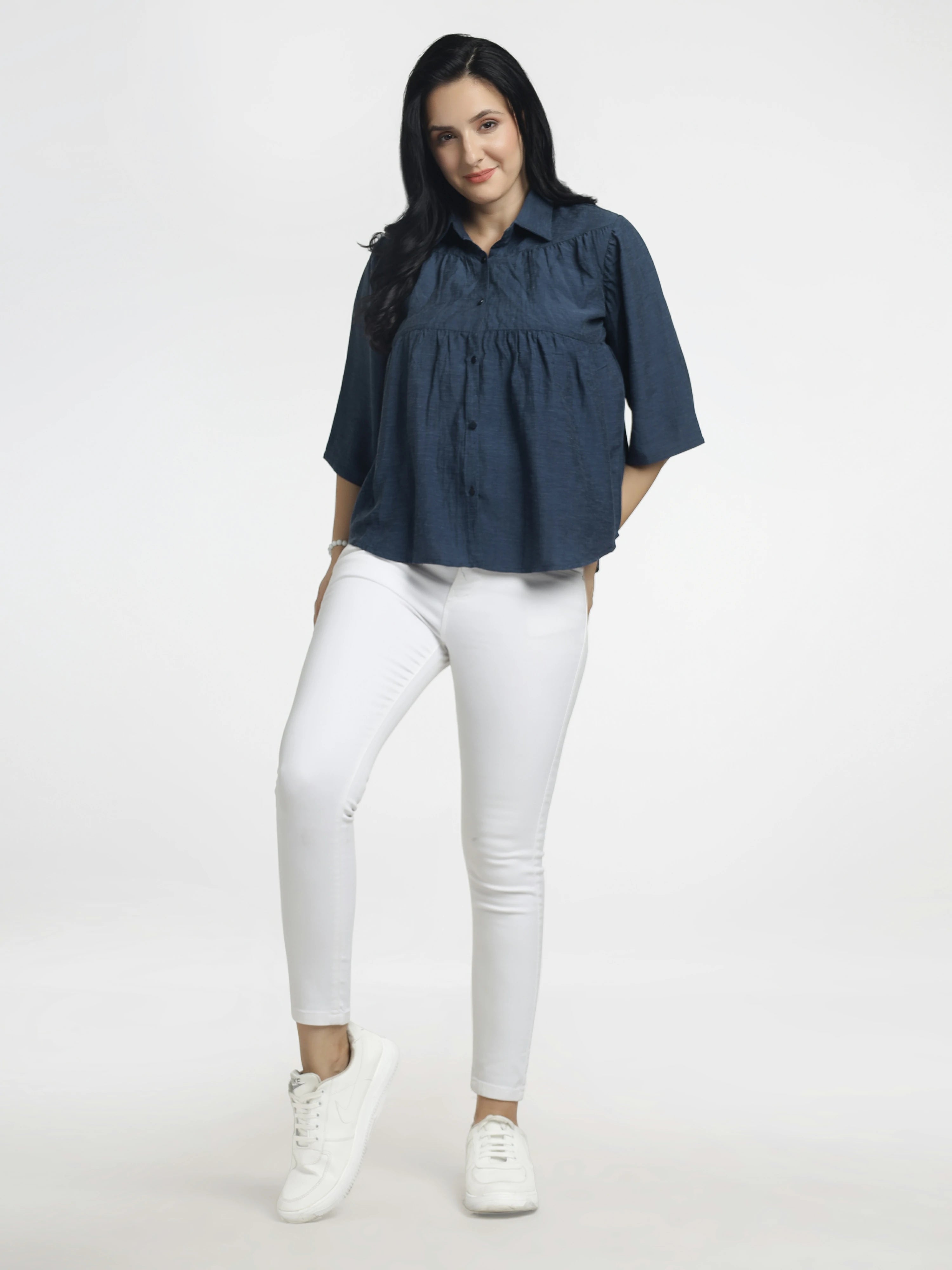 Women’s Solid Navy Button-Down Flared Top