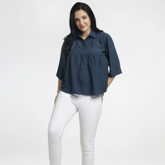 Women’s Solid Navy Button-Down Flared Top