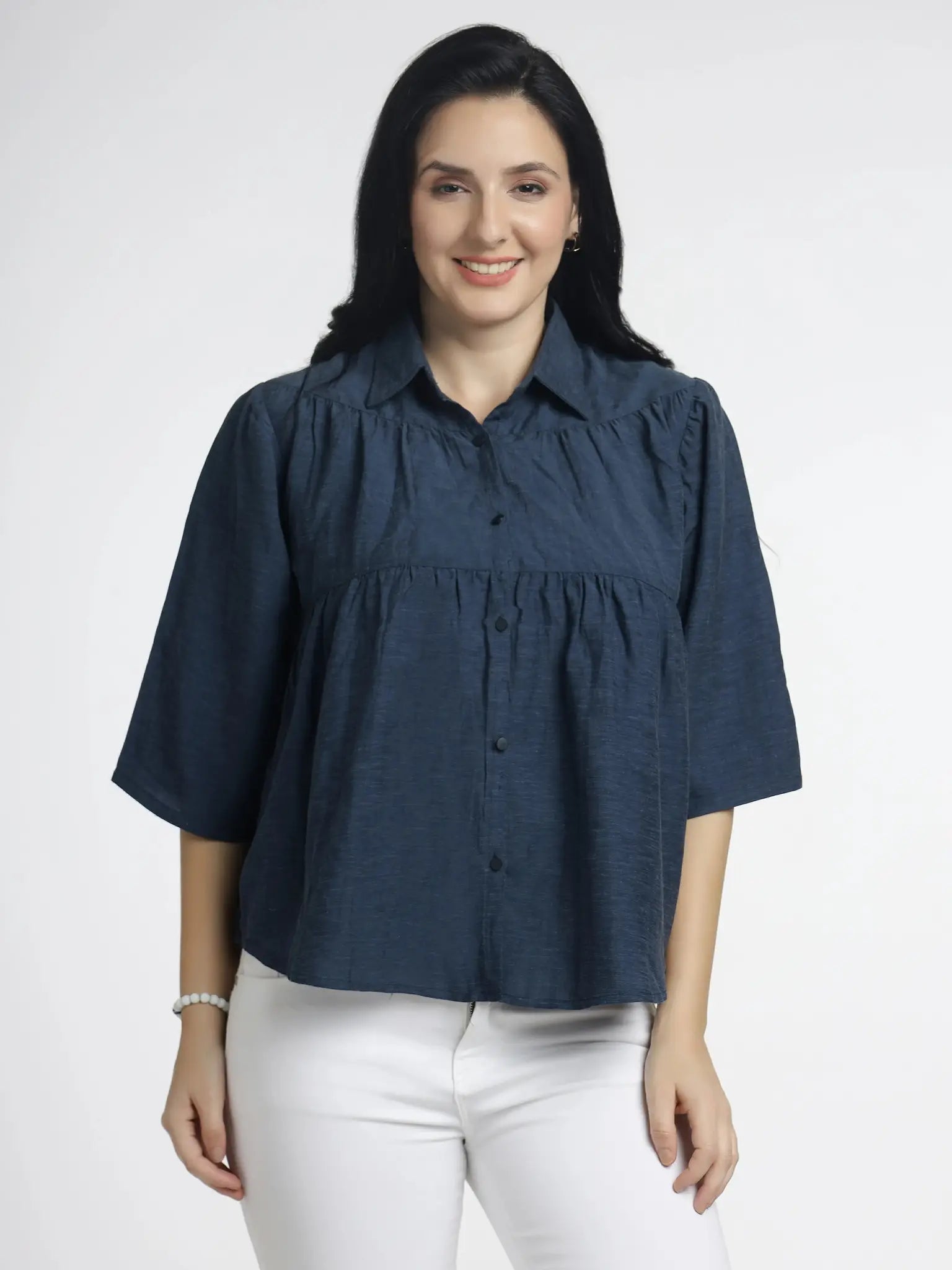 Women's Navy Flared Top with Button-Down Design for Effortless Style - ASTRON