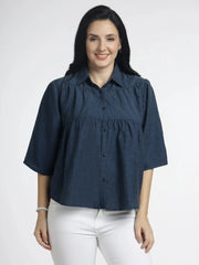 Women's Navy Flared Top with Button-Down Design for Effortless Style - ASTRON