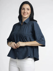 Women's Navy Flared Top with Button-Down Design for Effortless Style - ASTRON