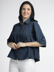 Women’s Solid Navy Button-Down Flared Top