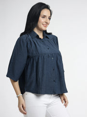 Women’s Solid Navy Button-Down Flared Top