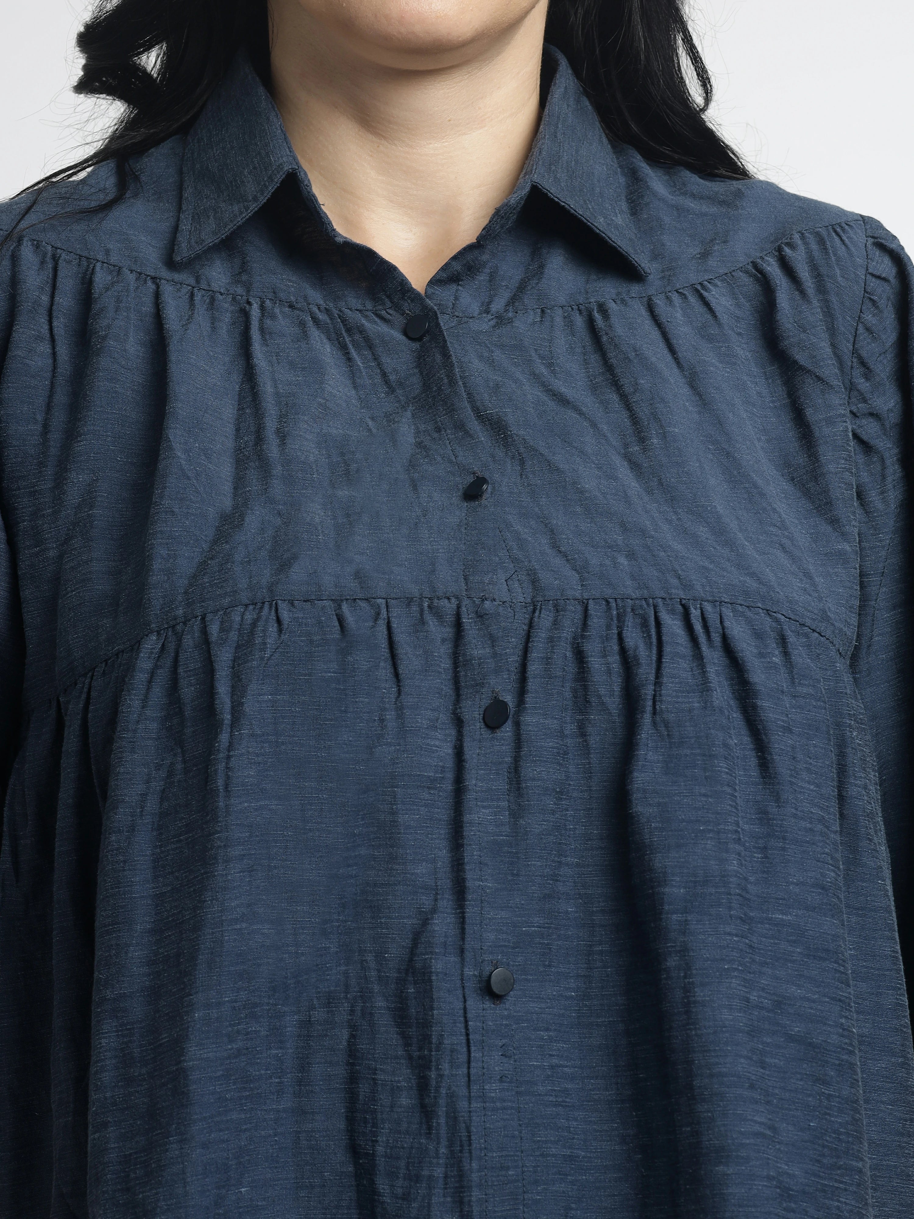 Women’s Solid Navy Button-Down Flared Top